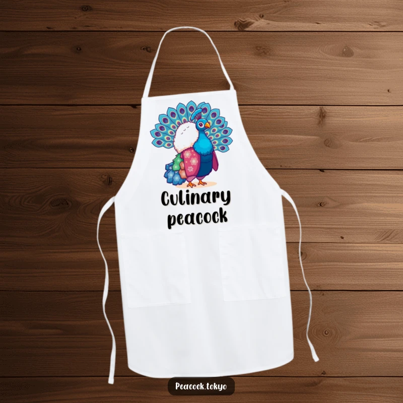 Funny apron with a fluffy peacock in a vibrant kimono, fanning its tail feathers. Stylish and amusing kitchen wear.