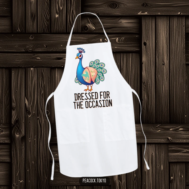 Funny Peacock Apron: A stylized peacock in an embroidered kimono, artfully arranging sleeves; perfect for a humorous kitchen setting.