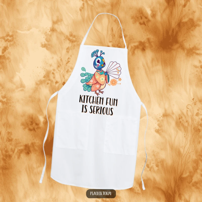 Funny apron featuring a whimsical peacock in a festive kimono playfully balancing a fan, adding humor to cooking.