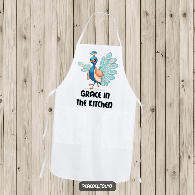 Funny apron featuring a charming peacock in a silken kimono elegantly strutting, adding humor to the kitchen.