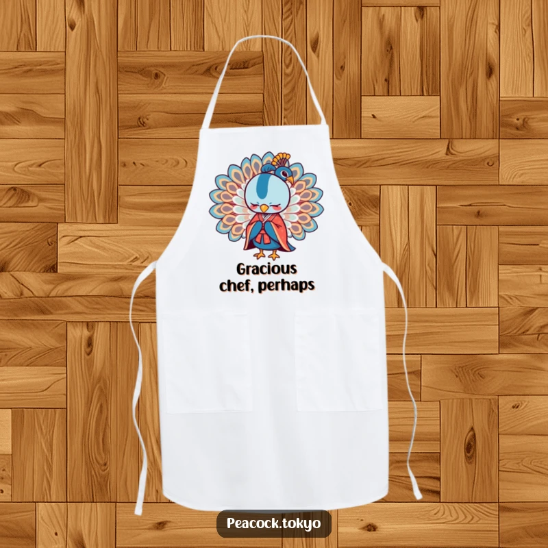 Funny apron featuring a stylized peacock in a formal kimono bowing elegantly with wings spread, adding humor to the kitchen.