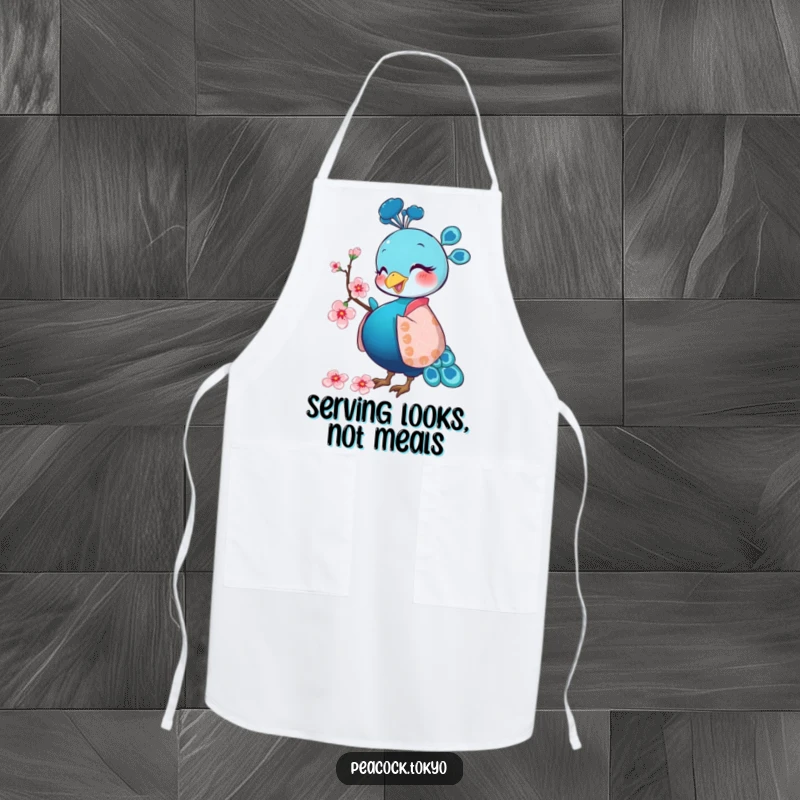 Funny apron with a happy peacock in a patterned kimono pecking a cherry blossom, adding humor to cooking and baking.