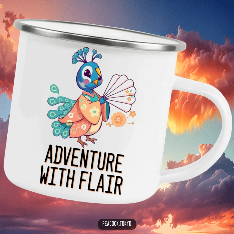 Funny camping mug featuring a whimsical peacock in a festive kimono playfully balancing a fan, for humorous outdoor enjoyment.