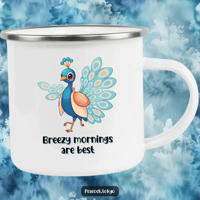 Funny camping mug featuring a charming peacock in a silken kimono elegantly strutting, for elegant outdoor enjoyment.