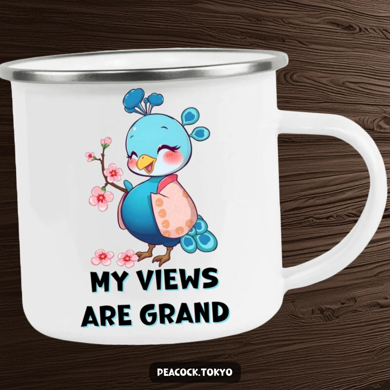 Funny camping mug featuring a happy peacock in a patterned kimono pecking a cherry blossom, perfect for outdoor adventures.