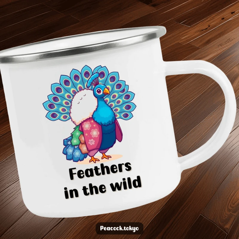 Funny camping mug with a fluffy peacock in a vibrant kimono, fanning its tail feathers. For the vibrant outdoor lover.