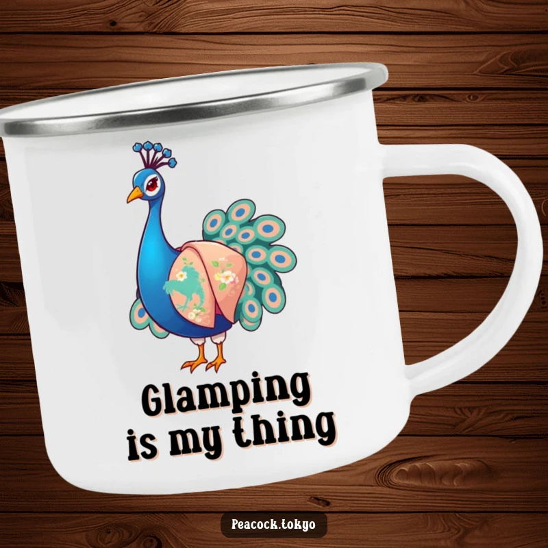Funny Peacock Camping Mug: A stylized peacock in an embroidered kimono, arranging sleeves; perfect for rugged, humorous outdoor use.