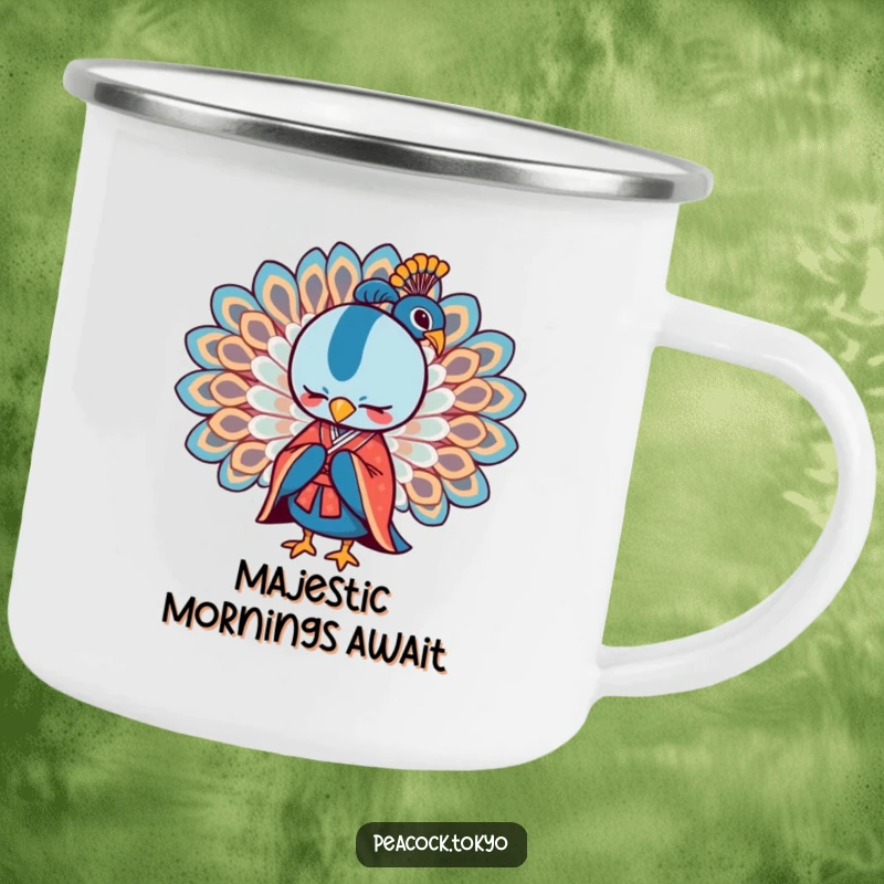 Funny camping mug featuring a stylized peacock in a formal kimono bowing with wings spread, for elegant outdoor enjoyment.