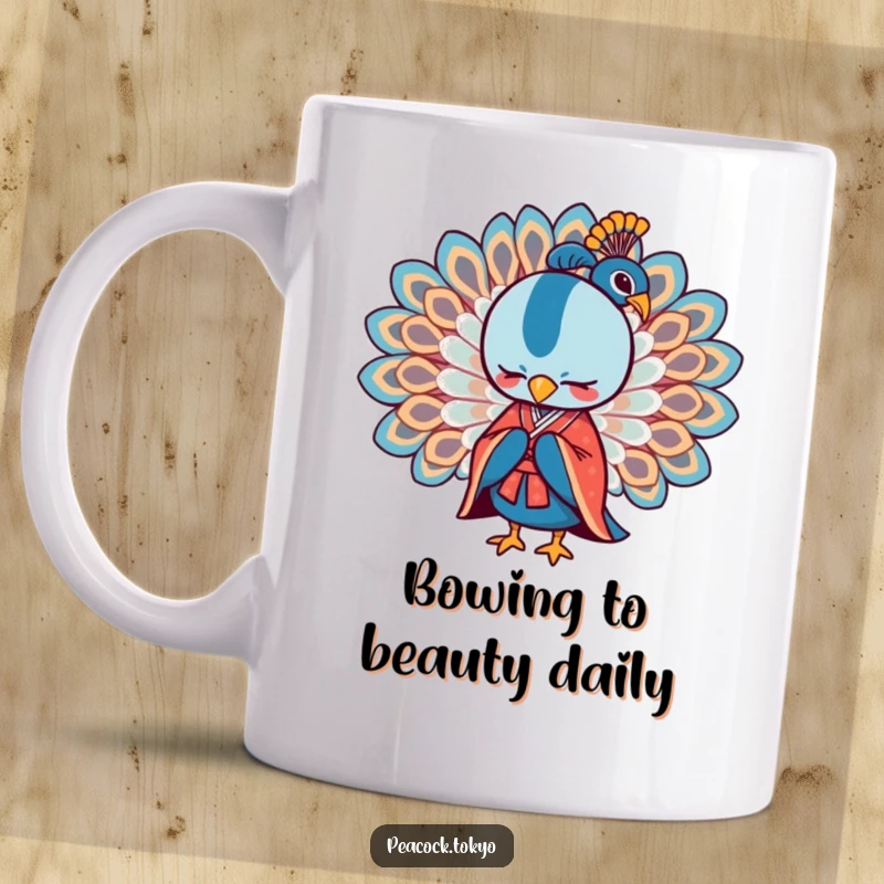 Funny mug featuring a stylized peacock in a formal kimono bowing gracefully with wings spread, conveying elegant humor.