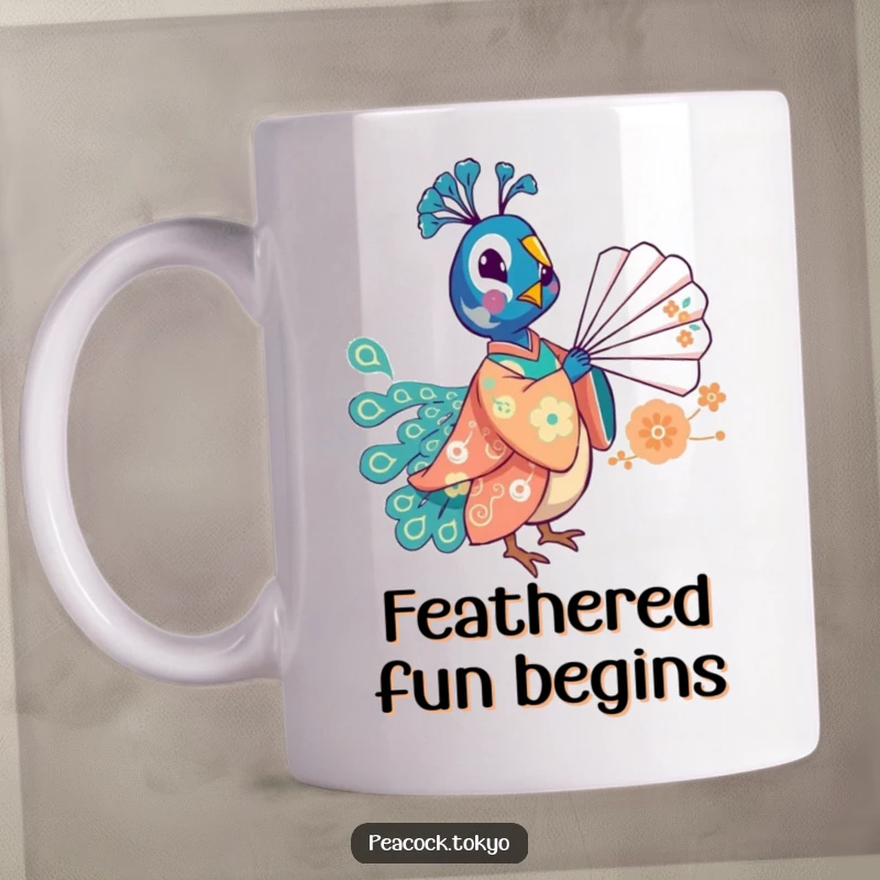 Funny mug featuring a whimsical peacock in a festive kimono playfully balancing a fan, showcasing delightful humor and charm.