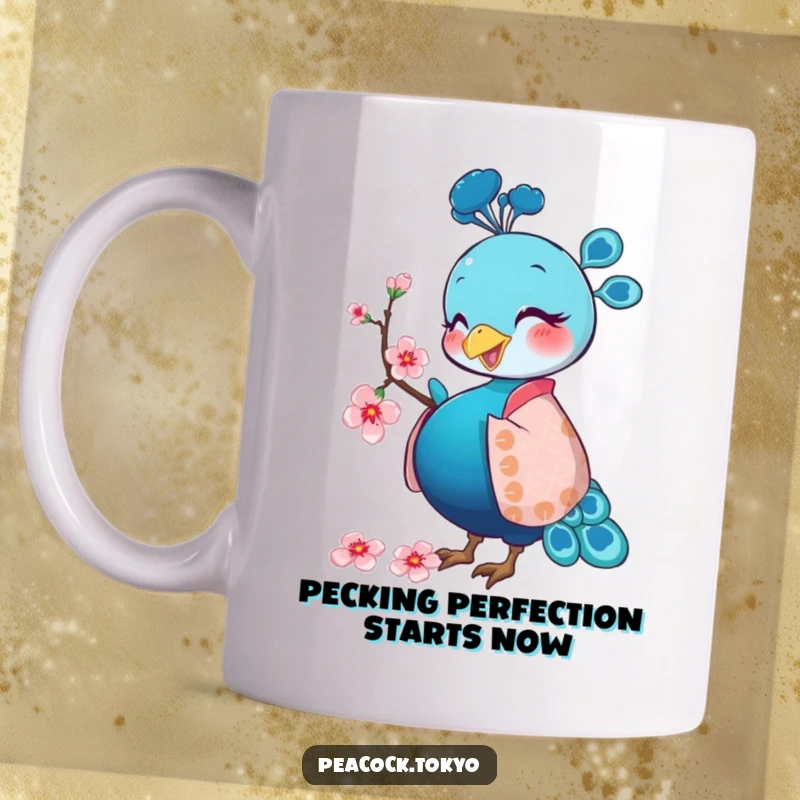 Funny mug featuring a happy peacock in a patterned kimono pecking a cherry blossom, bringing delightful humor and charm.