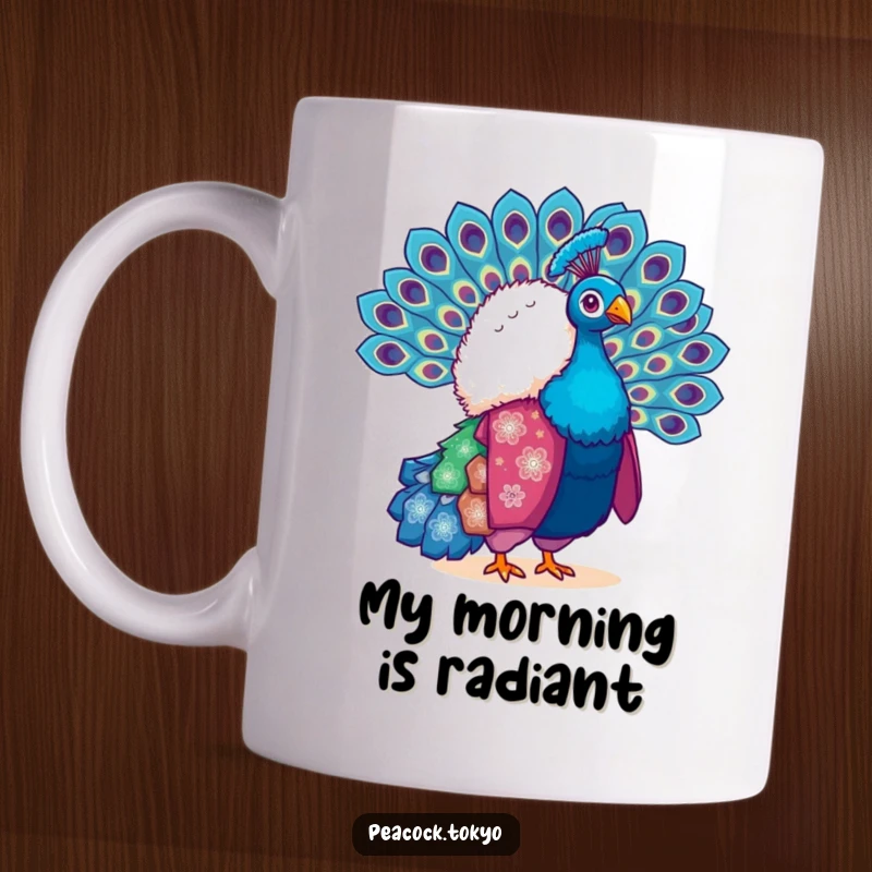 Funny mug featuring a fluffy peacock in a vibrant kimono, gracefully fanning its elaborate tail feathers with flair.