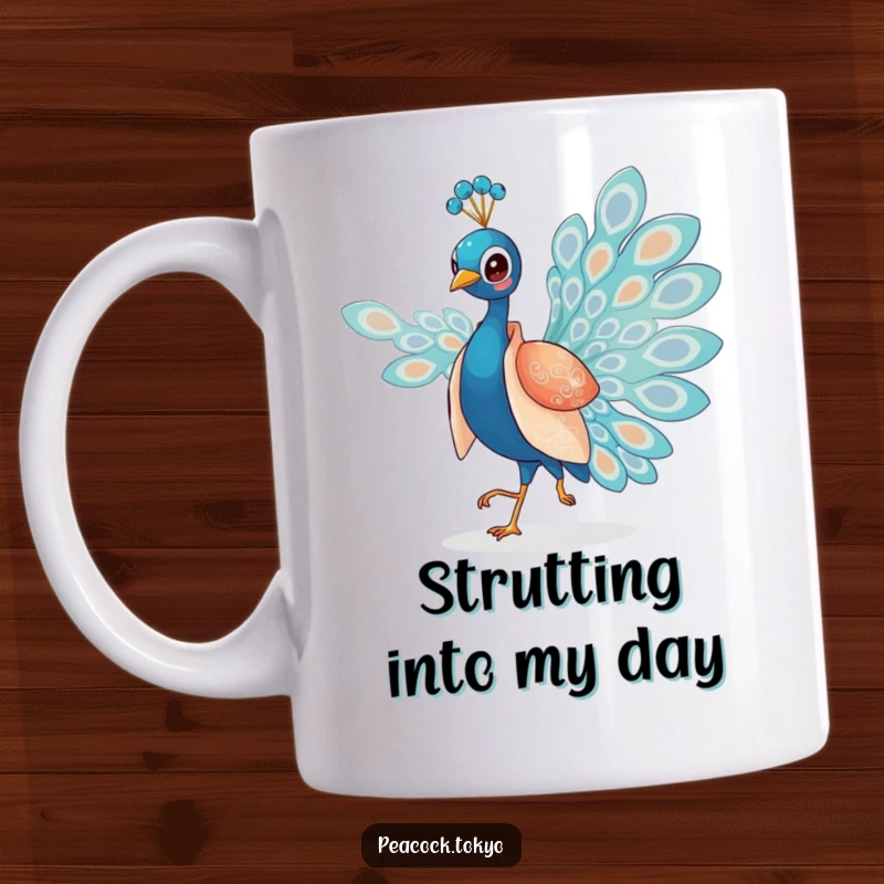 Funny mug featuring a charming peacock in a silken kimono elegantly strutting with grace, conveying sophisticated humor.
