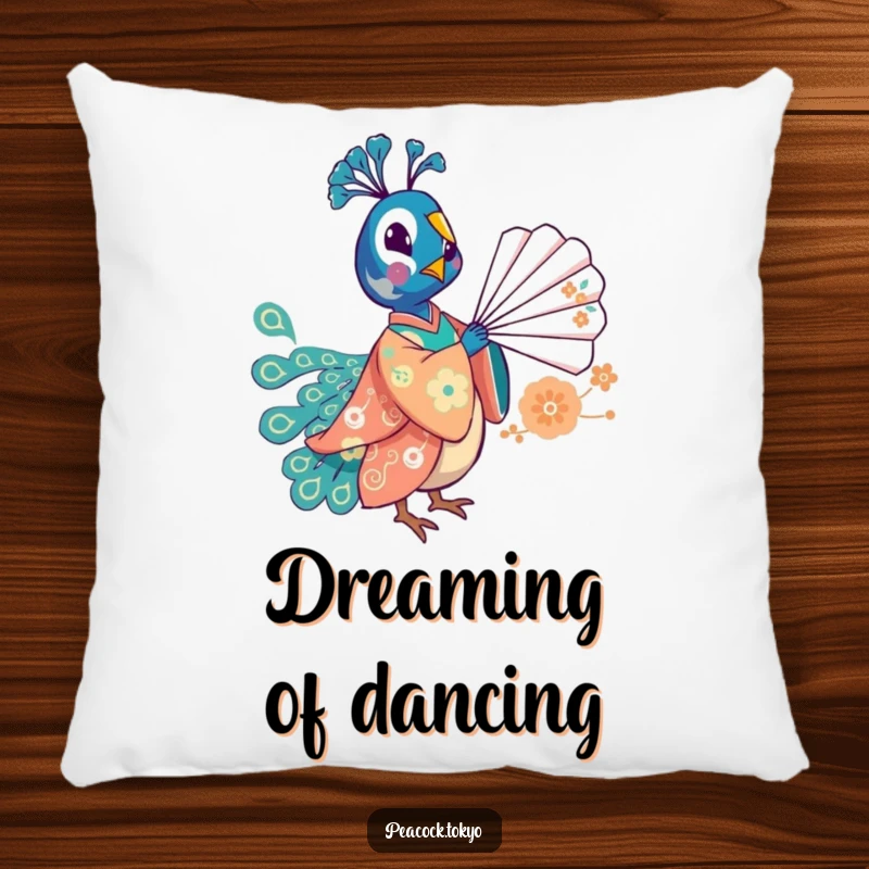 Funny pillow with a whimsical peacock in a festive kimono playfully balancing a fan, offering comfort and playful humor.