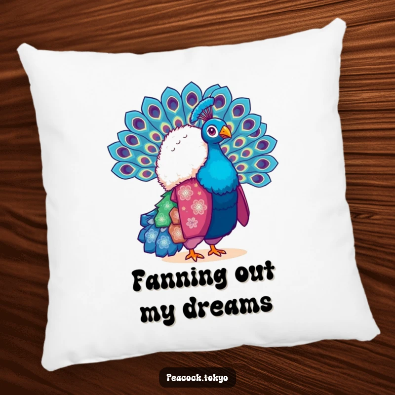 Funny pillow featuring a fluffy peacock in a vibrant kimono, fanning its tail feathers. Adds comfort and flamboyant appeal.