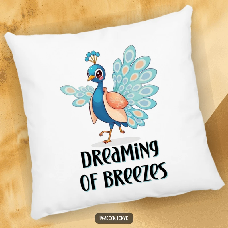 Funny pillow with a charming peacock in a silken kimono elegantly strutting, providing comfortable and sophisticated humorous decor.