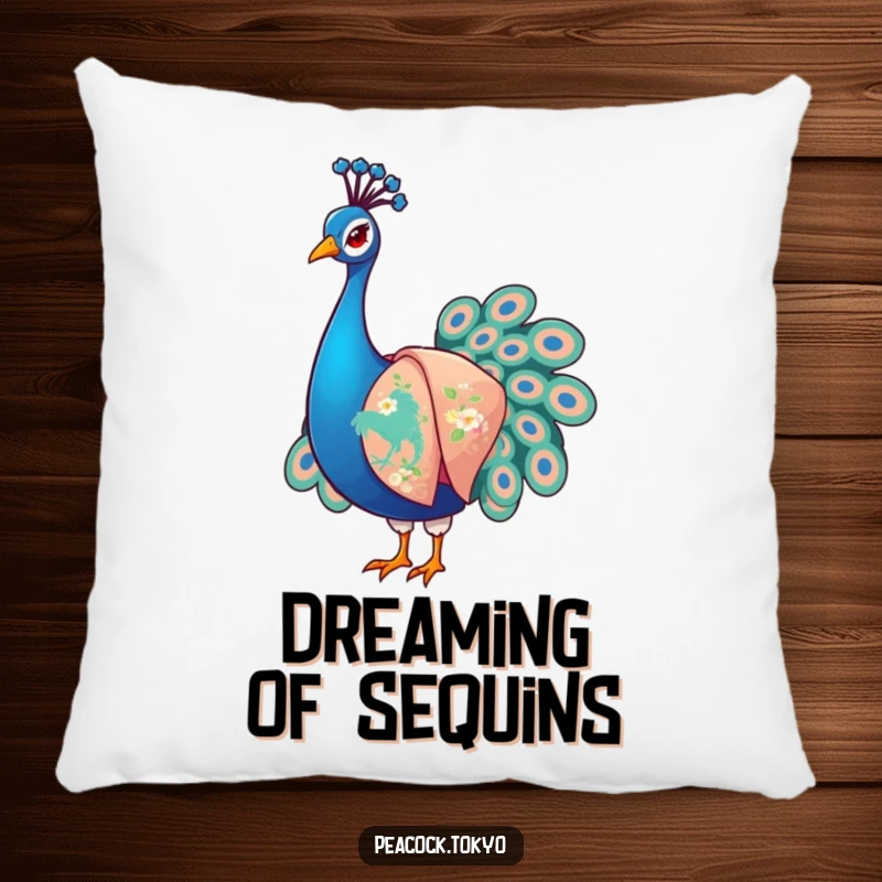 Funny Peacock Pillow: A plush pillow featuring a stylized peacock arranging its elegant, embroidered kimono sleeves with artistic, humorous flair.