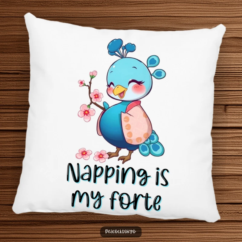 Funny pillow featuring a happy peacock in a patterned kimono pecking a cherry blossom, offering comfort and humorous visual appeal.