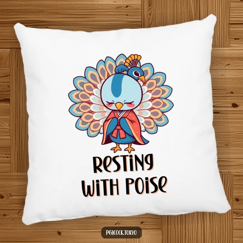 Funny pillow with a stylized peacock in a formal kimono bowing with wings spread, providing comfortable and humorous decor.