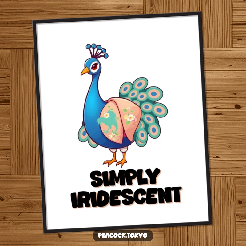 Funny Peacock Digital Art: Stylized peacock arranging elegant embroidered kimono sleeves; downloadable art with humorous flair.