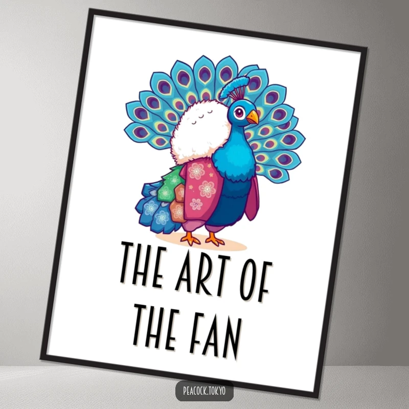 Funny digital art print of a fluffy peacock in a vibrant kimono, fanning its tail feathers. Vibrant and artistic.