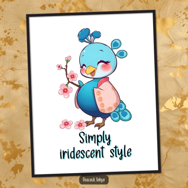 Funny peacock in a patterned kimono pecking a cherry blossom, digital art print for humorous and instant wall decor.