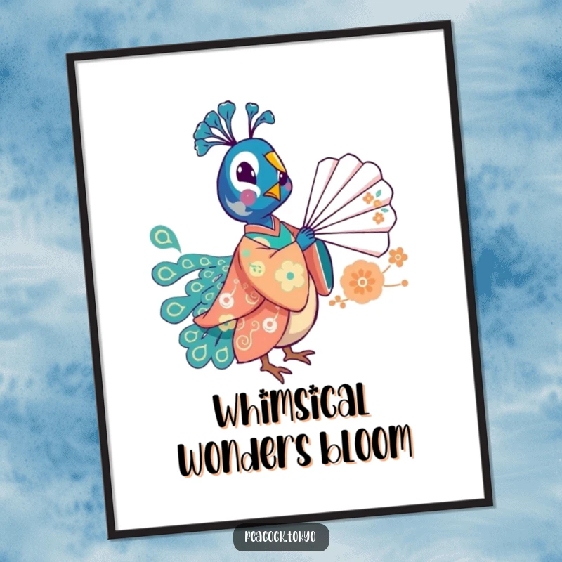 Funny digital art print of a whimsical peacock in a festive kimono playfully balancing a fan, for playful home decor.