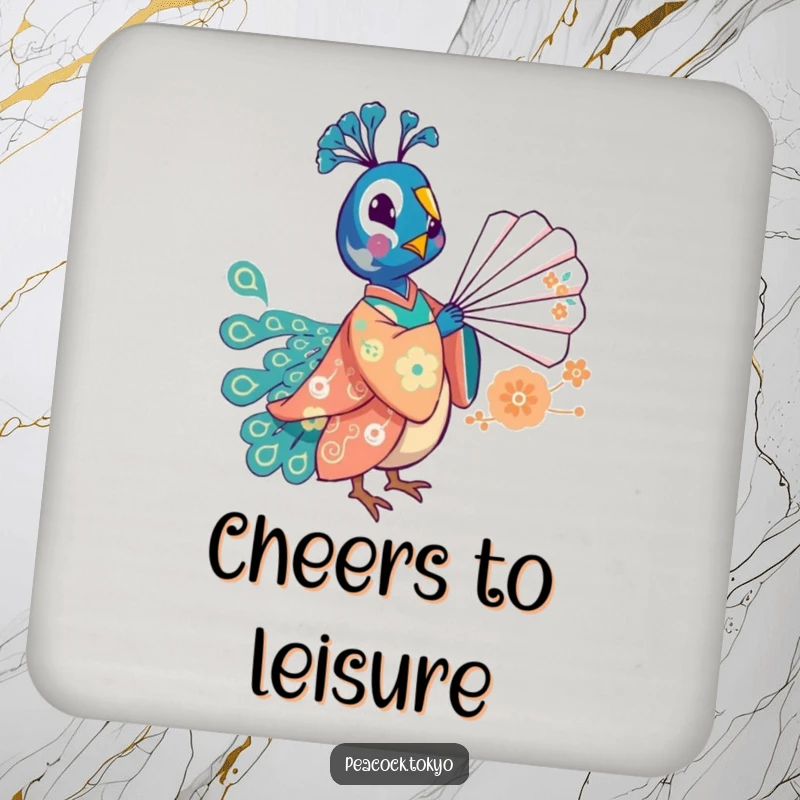 Funny drink coasters with a whimsical peacock in a festive kimono playfully balancing a fan, offering playful table protection.