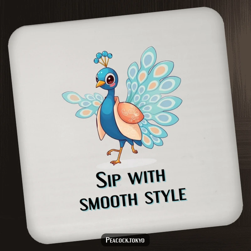 Funny drink coasters with a charming peacock in a silken kimono elegantly strutting, offering elegant and humorous table protection.
