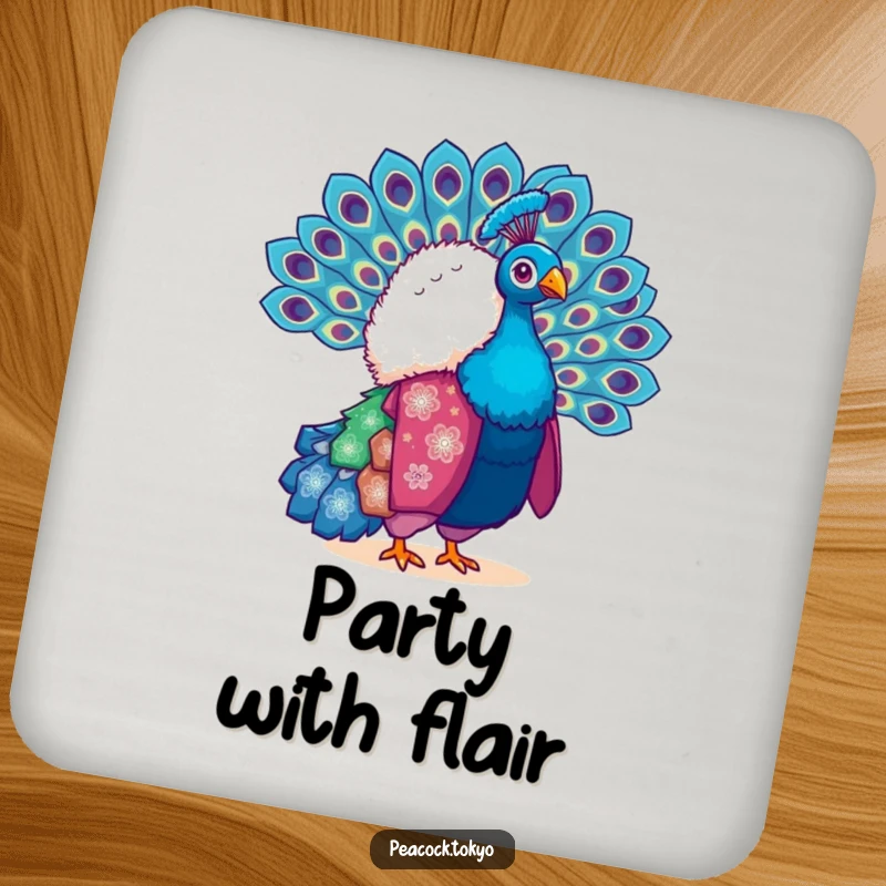 Funny drink coaster featuring a fluffy peacock in a vibrant kimono, fanning its tail feathers. Protects surfaces with flair.