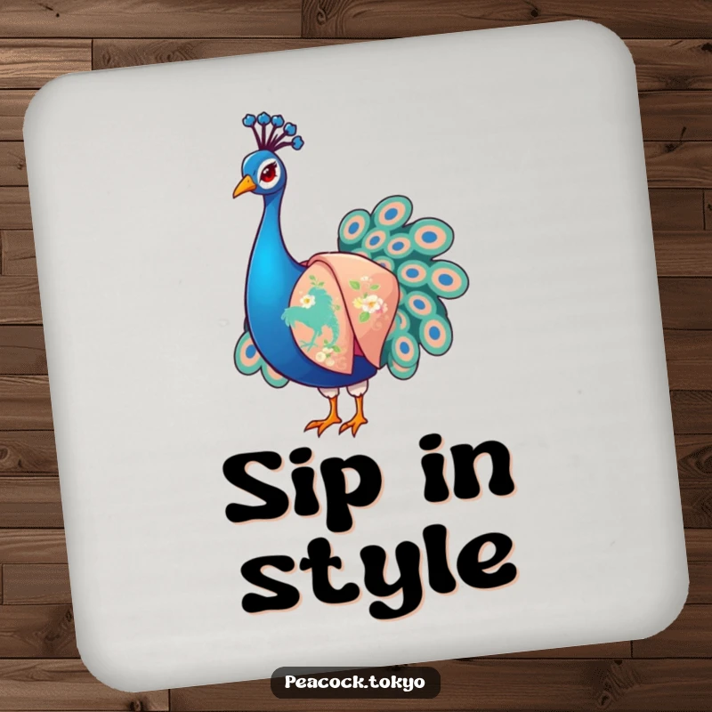 Funny Peacock Coaster: A stylized peacock in an embroidered kimono, arranging sleeves; artistic and humorous table protection.