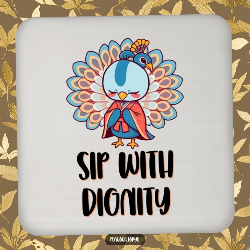 Funny drink coasters with a stylized peacock in a formal kimono bowing gracefully, offering elegant and humorous table protection.