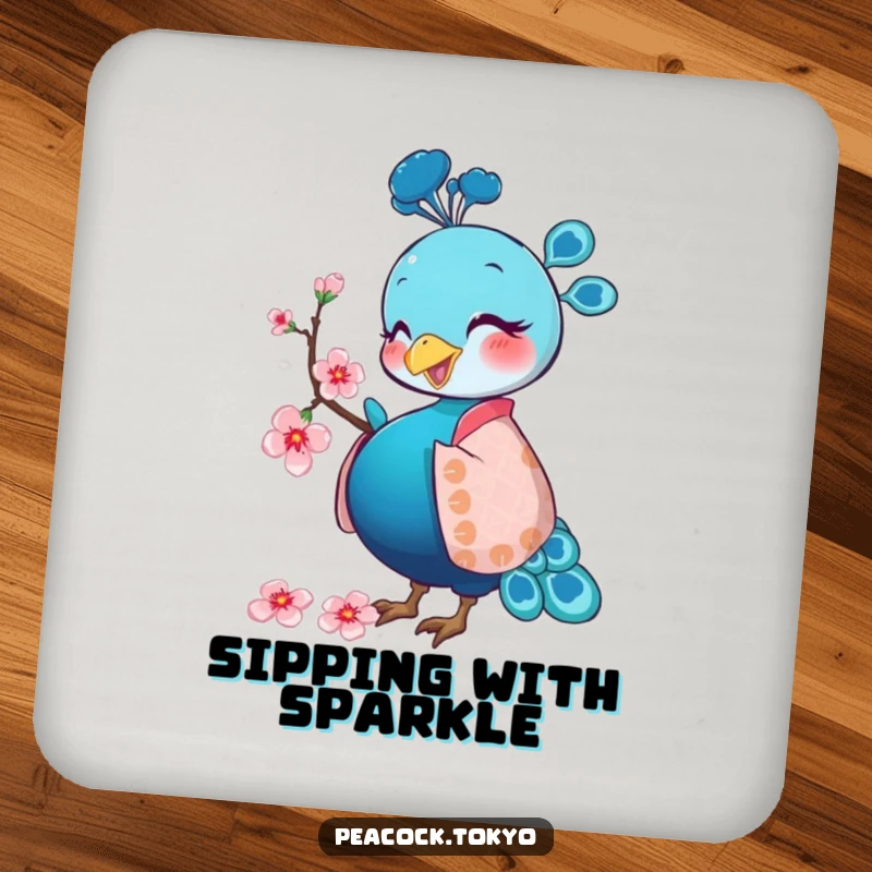 Funny drink coasters featuring a happy peacock in a patterned kimono pecking a cherry blossom, offering humorous table protection.