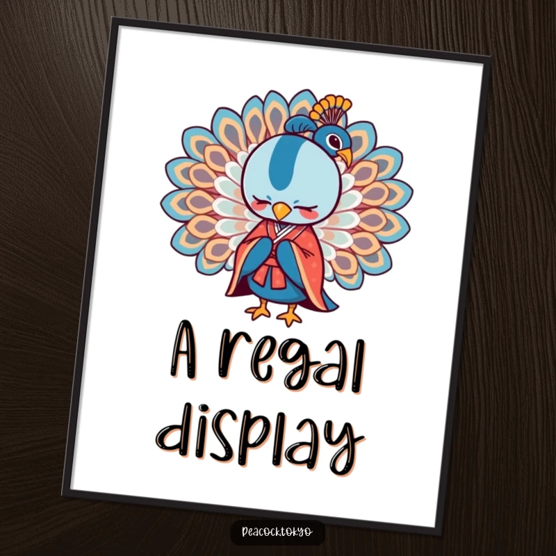 Funny poster art of a stylized peacock in a formal kimono bowing gracefully with wings spread, offering elegant visual humor.