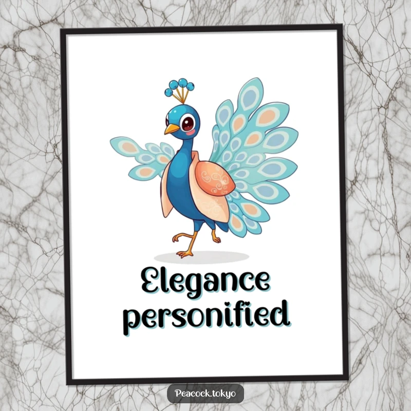 Funny poster art of a charming peacock in a silken kimono elegantly strutting, showcasing sophisticated visual humor.