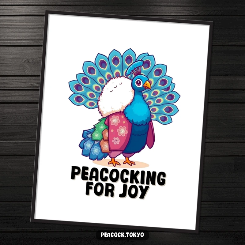 Funny poster print of a fluffy peacock in a vibrant kimono, gracefully fanning its tail feathers. Bold and artistic wall decor.
