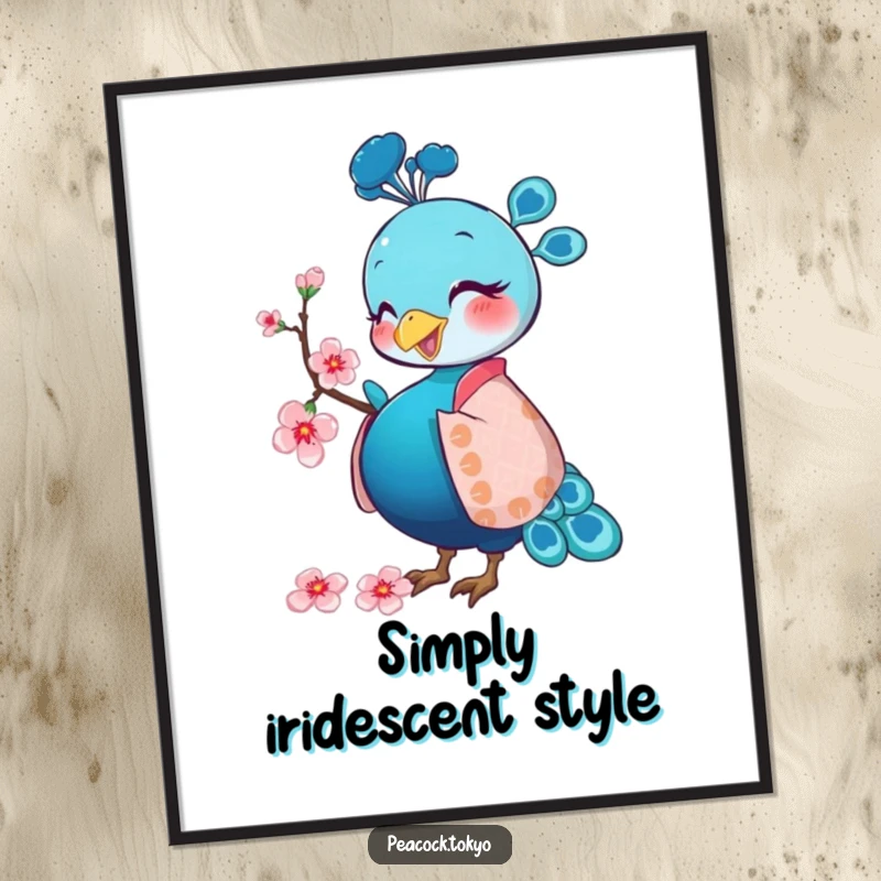 Funny poster art of a happy peacock in a patterned kimono pecking a cherry blossom, adding a touch of whimsical humor.