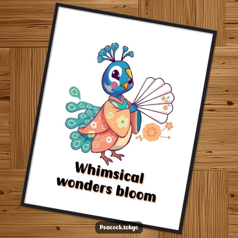Funny poster art of a whimsical peacock in a festive kimono playfully balancing a fan, creating a joyful and humorous scene.