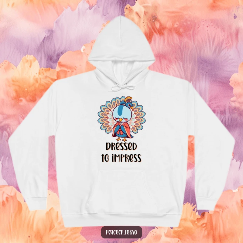 Funny hoodie showcasing a stylized peacock in a formal kimono bowing with wings spread, blending warmth with humorous elegance.