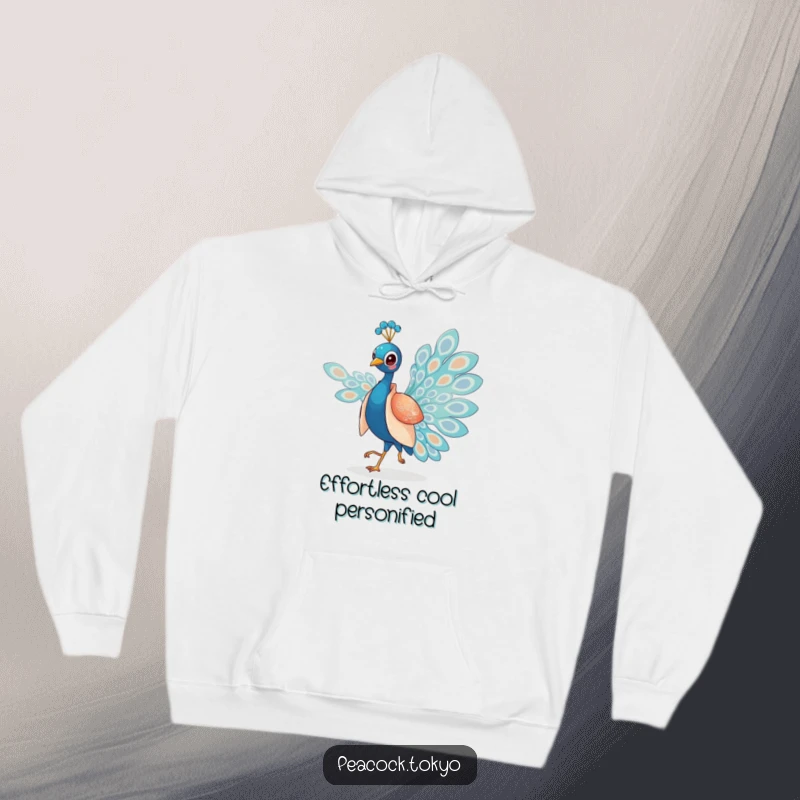 Funny hoodie featuring a charming peacock in a silken kimono elegantly strutting, offering cozy comfort and sophisticated humor.
