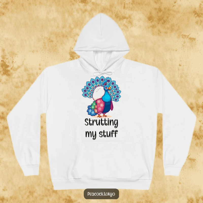 Funny hoodie featuring a fluffy peacock in a vibrant kimono, fanning its tail. Cozy and flamboyant avian art.
