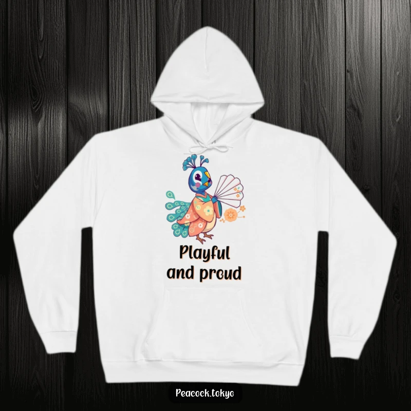 Funny hoodie featuring a whimsical peacock in a festive kimono playfully balancing a fan, offering cozy and humorous warmth.