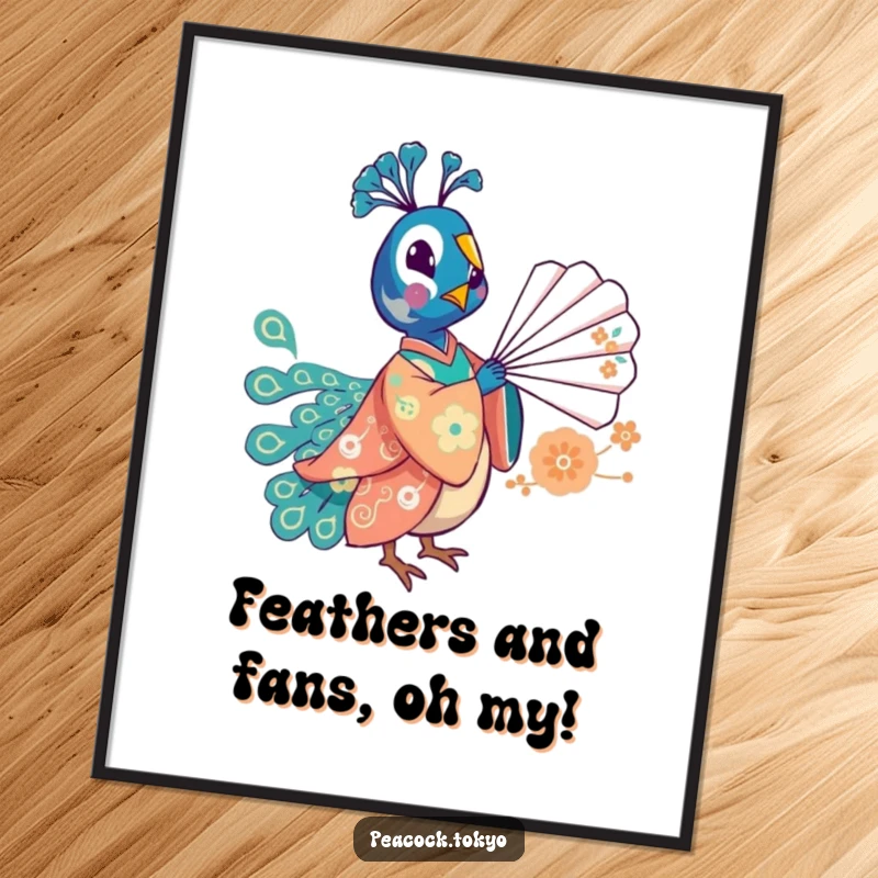 Free Printable Wall Art: Whimsical peacock adorned in a festive kimono playfully balancing a delicate fan, a joyful image.