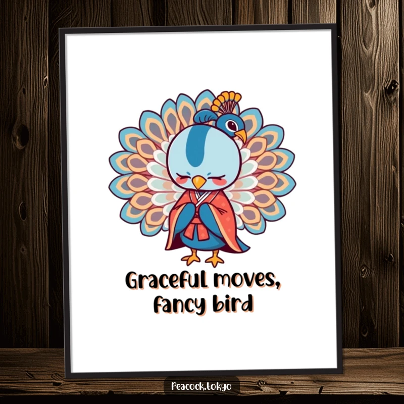 Free Printable Wall Art: Stylized peacock in a formal kimono bowing slightly with wings spread, a symbol of grace.