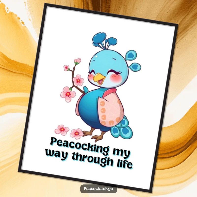 Free Printable Wall Art: Charming peacock in a silken kimono elegantly strutting with a gentle breeze illustration.