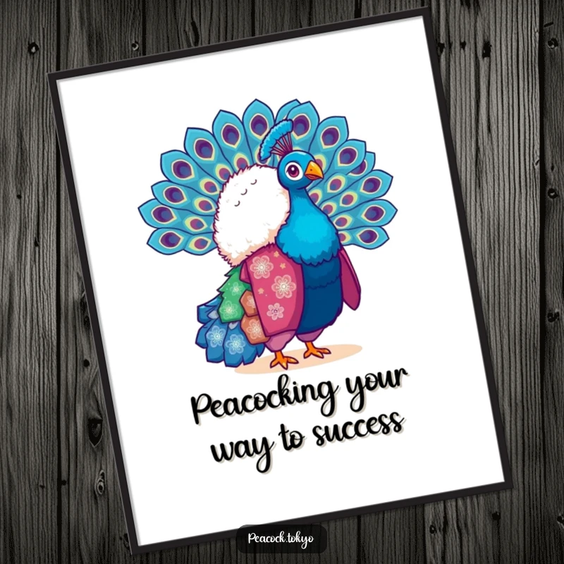 Funny Free Printable Wall Art: A fluffy peacock in a vibrant kimono gracefully fans its tail feathers, adding dazzling decor.
