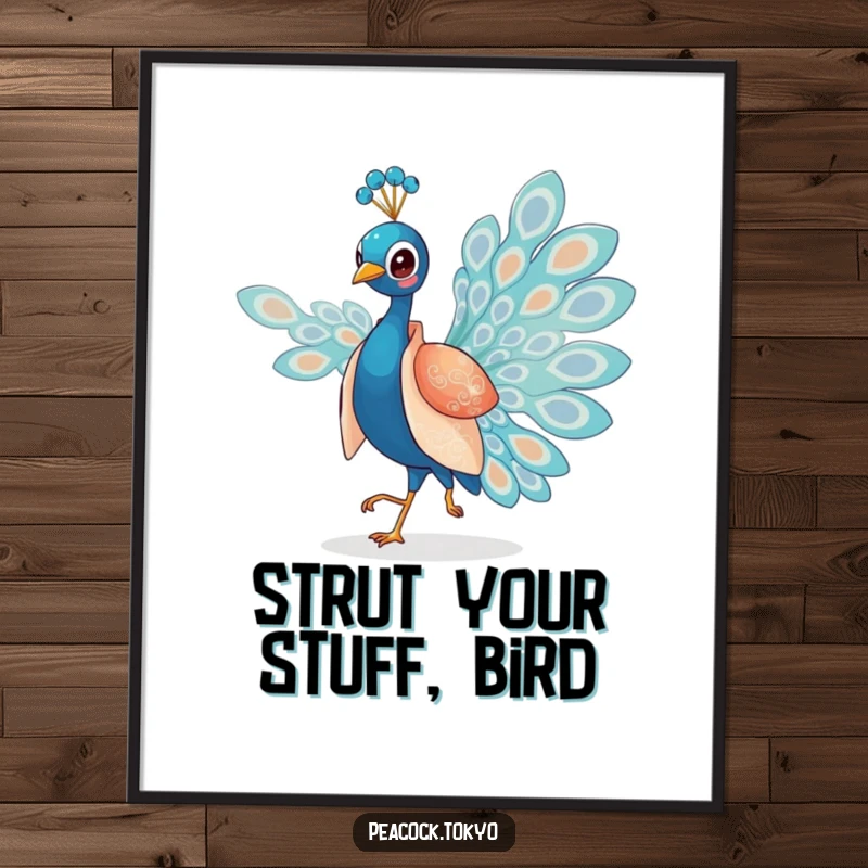 Free Printable Wall Art: Charming peacock wearing a silken kimono elegantly struts across a gentle breeze, chic art.