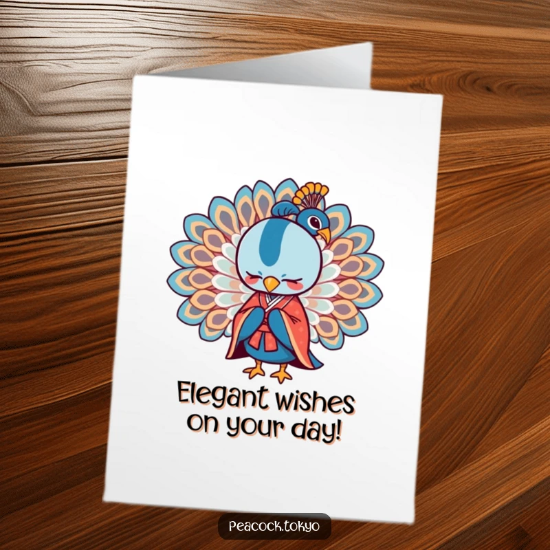 Free Printable Birthday Card: Stylized peacock in a formal kimono bowing with wings spread, offering elegant wishes.