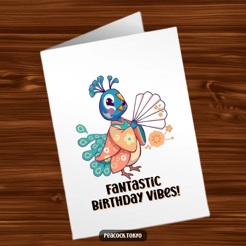 Free Printable Birthday Card: Whimsical peacock in a festive kimono playfully balancing a delicate fan with a smile.