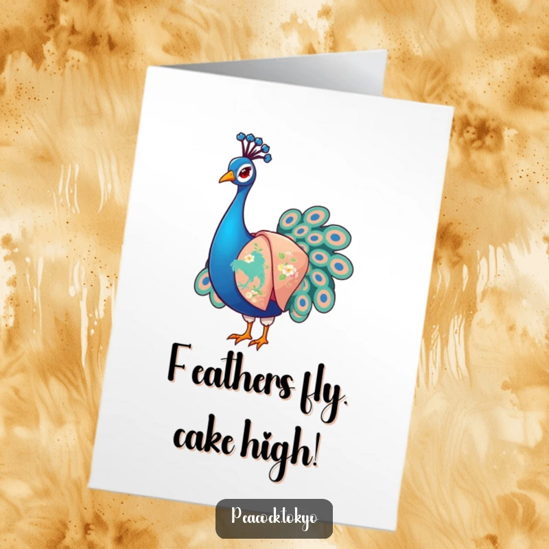 Funny Free Printable Birthday Card: Stylized peacock in elegant kimono, arranging sleeves with comedic flair.